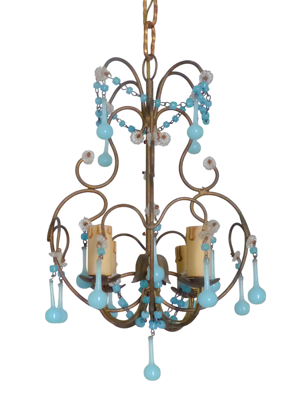 Antique Chandelier Acqua Blue Opaline Drops cup beads 1930 Murano Rare 4 lights