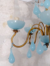 Load image into Gallery viewer, Antique Chandelier Aqua Blue Opaline Drops Cup Beads 1930 MURANO 5 lights RARE

