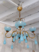 Load image into Gallery viewer, Antique Chandelier Aqua Blue Opaline Drops Cup Beads 1930 MURANO 5 lights RARE
