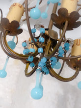 Load image into Gallery viewer, Antique Chandelier Acqua Blue Opaline Drops cup beads 1930 Murano Rare 4 lights

