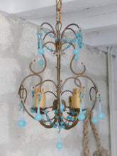Load image into Gallery viewer, Antique Chandelier Acqua Blue Opaline Drops cup beads 1930 Murano Rare 4 lights
