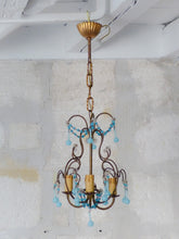 Load image into Gallery viewer, Antique Chandelier Acqua Blue Opaline Drops cup beads 1930 Murano Rare 4 lights
