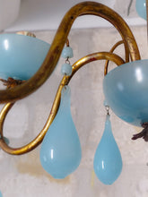 Load image into Gallery viewer, Antique Chandelier Aqua Blue Opaline Drops Cup Beads 1930 MURANO 5 lights RARE
