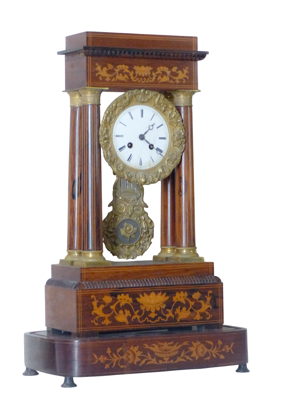 Antique French Marquetry Inlay Portico Clock 19TH Paris movement Columns Bronze