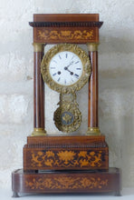 Load image into Gallery viewer, Antique French Marquetry Inlay Portico Clock 19TH Paris movement Columns Bronze
