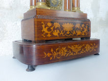 Load image into Gallery viewer, Antique French Marquetry Inlay Portico Clock 19TH Paris movement Columns Bronze
