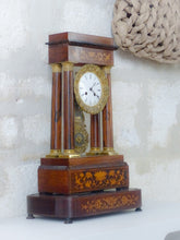 Load image into Gallery viewer, Antique French Marquetry Inlay Portico Clock 19TH Paris movement Columns Bronze
