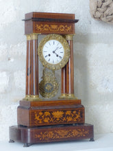 Load image into Gallery viewer, Antique French Marquetry Inlay Portico Clock 19TH Paris movement Columns Bronze
