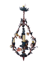 Load image into Gallery viewer, Gorgeous French Antique Cage Chandelier Porcelain Flower Green Tole Foliage 1930
