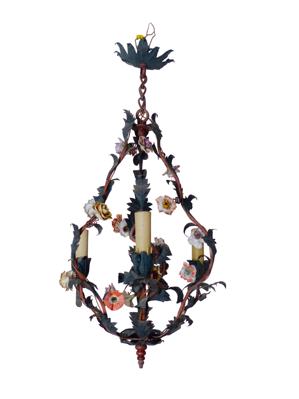 Gorgeous French Antique Cage Chandelier Porcelain Flower Green Tole Foliage 1930