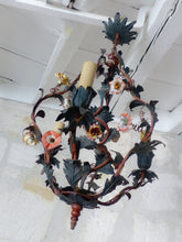 Load image into Gallery viewer, Gorgeous French Antique Cage Chandelier Porcelain Flower Green Tole Foliage 1930
