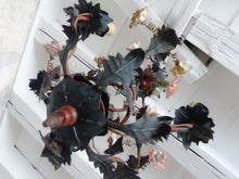 Load image into Gallery viewer, Gorgeous French Antique Cage Chandelier Porcelain Flower Green Tole Foliage 1930
