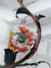 Load image into Gallery viewer, Gorgeous French Antique Cage Chandelier Porcelain Flower Green Tole Foliage 1930
