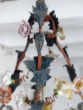 Load image into Gallery viewer, Gorgeous French Antique Cage Chandelier Porcelain Flower Green Tole Foliage 1930
