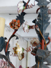 Load image into Gallery viewer, Gorgeous French Antique Cage Chandelier Porcelain Flower Green Tole Foliage 1930
