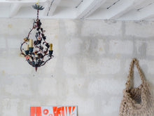 Load image into Gallery viewer, Gorgeous French Antique Cage Chandelier Porcelain Flower Green Tole Foliage 1930
