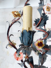 Load image into Gallery viewer, Gorgeous French Antique Cage Chandelier Porcelain Flower Green Tole Foliage 1930
