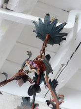 Load image into Gallery viewer, Gorgeous French Antique Cage Chandelier Porcelain Flower Green Tole Foliage 1930
