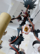 Load image into Gallery viewer, Gorgeous French Antique Cage Chandelier Porcelain Flower Green Tole Foliage 1930
