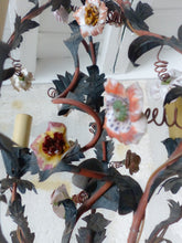 Load image into Gallery viewer, Gorgeous French Antique Cage Chandelier Porcelain Flower Green Tole Foliage 1930
