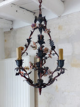 Load image into Gallery viewer, Gorgeous French Antique Cage Chandelier Porcelain Flower Green Tole Foliage 1930
