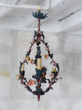 Load image into Gallery viewer, Gorgeous French Antique Cage Chandelier Porcelain Flower Green Tole Foliage 1930
