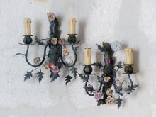 Load image into Gallery viewer, Antique Pair Wall Light Sconces Green Tole 1930 Porcelain Flowers Foliage #1

