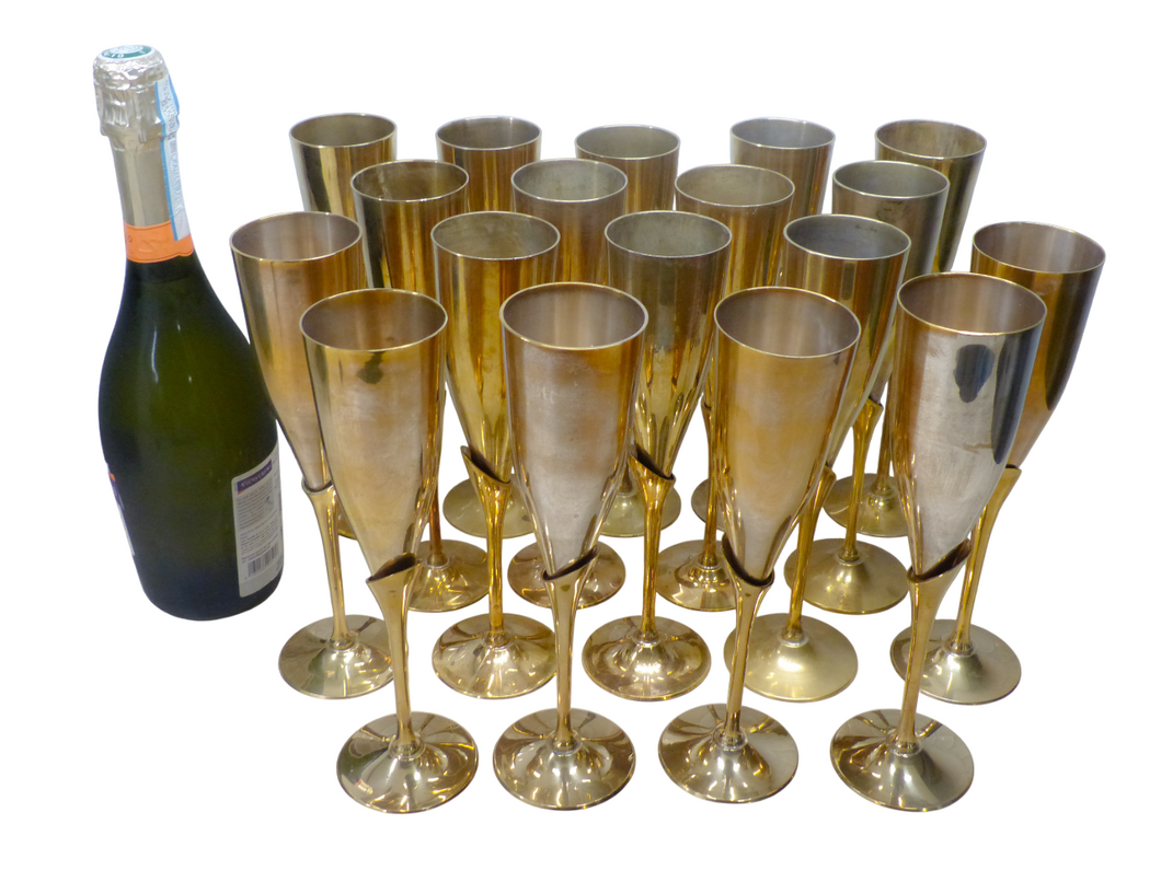 Charming Set of x18 Vintage Champagne Flutes Brass & Silverplated Metal 9