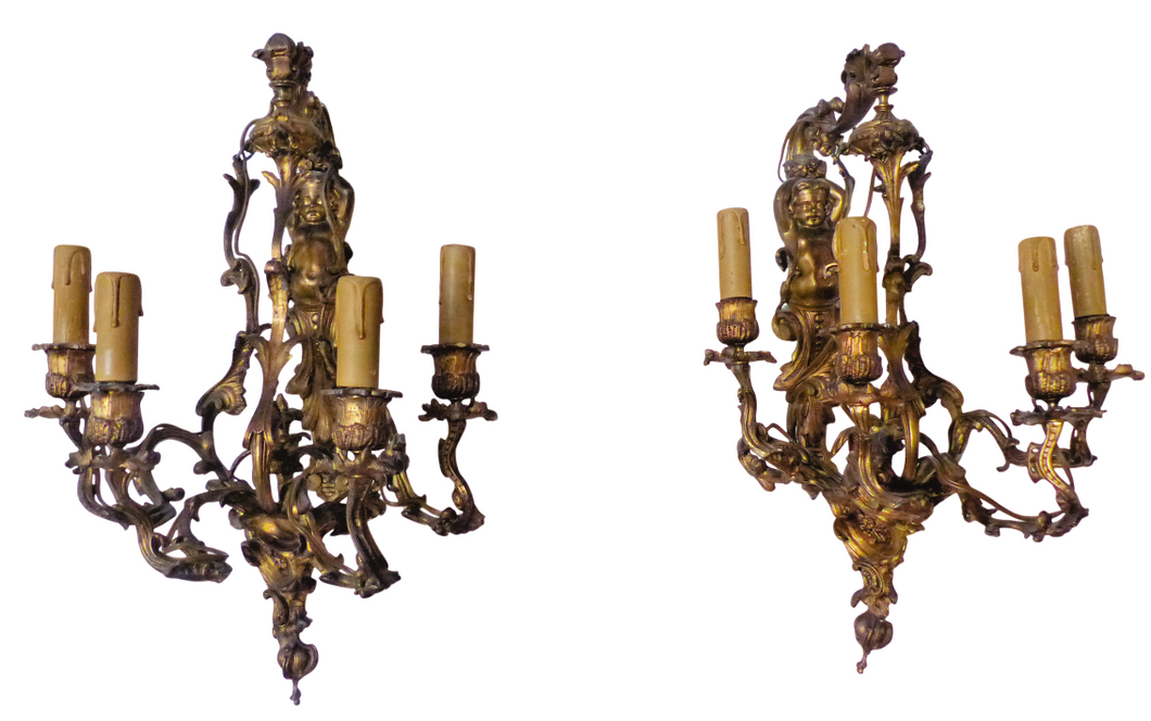 Large Antique PAIR French Wall Light Sconce RARE 2 Cherubs Angels Bronze 4 fires