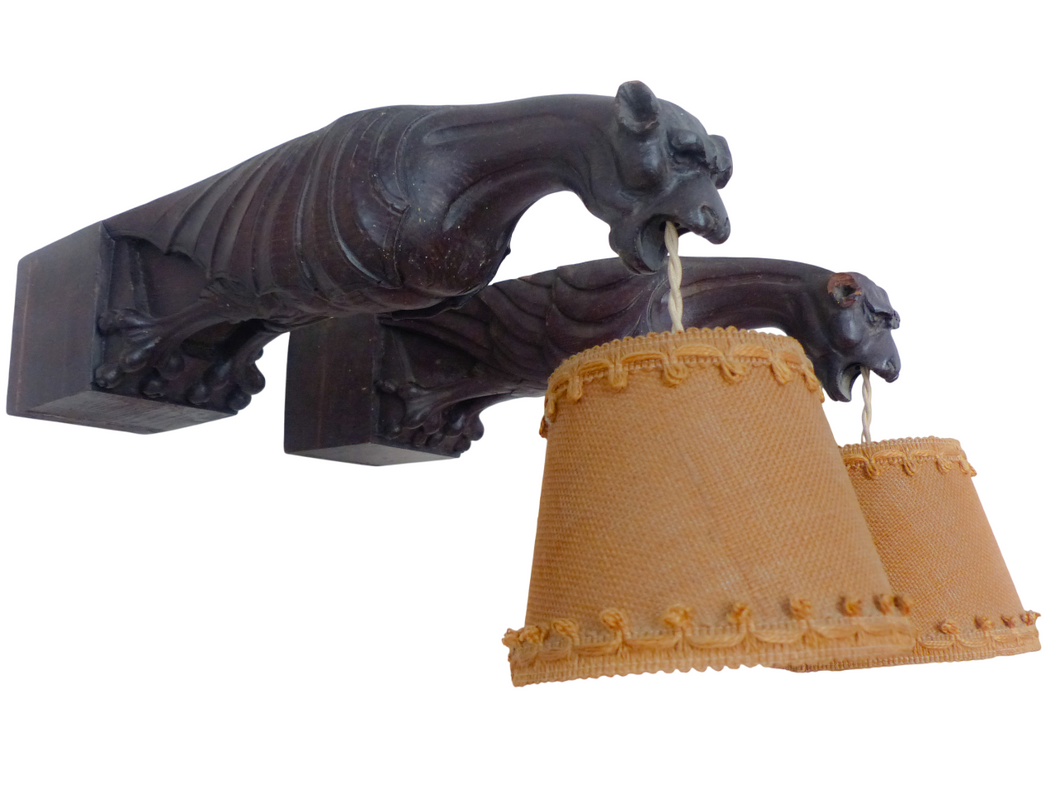 19TH Pair Antique French Carved Wood Gothic Chimera Wall Light Sconce Gargoye