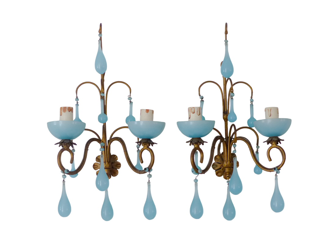 MURANO 1930 Antique PAIR Wall Light Aqua Blue Opaline Drops Cup Bead Chandelier