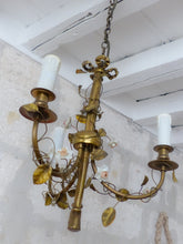 Load image into Gallery viewer, French Antique Bronze Louis XVI Chandelier Porcelain Flowers Ribbon 1930 Foliage
