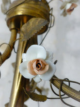 Load image into Gallery viewer, French Antique Bronze Louis XVI Chandelier Porcelain Flowers Ribbon 1930 Foliage
