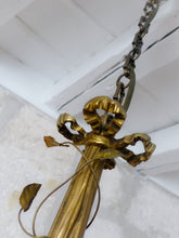 Load image into Gallery viewer, French Antique Bronze Louis XVI Chandelier Porcelain Flowers Ribbon 1930 Foliage
