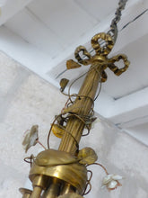 Load image into Gallery viewer, French Antique Bronze Louis XVI Chandelier Porcelain Flowers Ribbon 1930 Foliage
