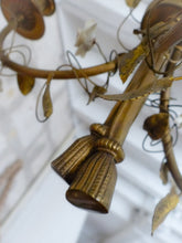 Load image into Gallery viewer, French Antique Bronze Louis XVI Chandelier Porcelain Flowers Ribbon 1930 Foliage
