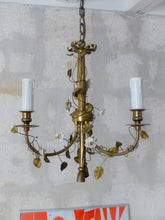 Load image into Gallery viewer, French Antique Bronze Louis XVI Chandelier Porcelain Flowers Ribbon 1930 Foliage

