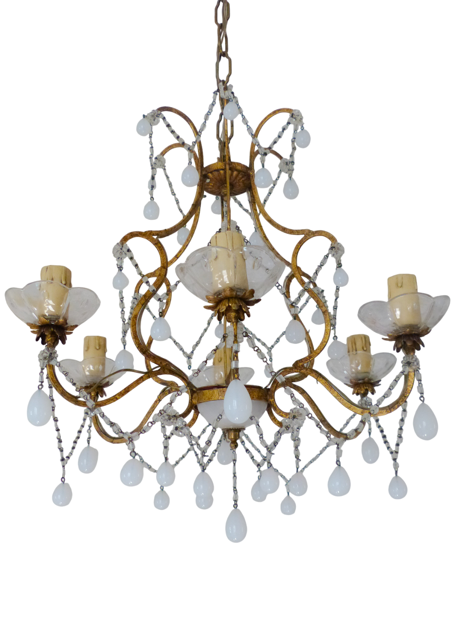Antique Chandelier White Opaline Drops Cup Beads 1930 MURANO 6 lights RARE