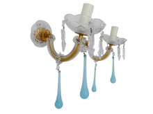 Load image into Gallery viewer, Vintage Venetian PAIR Wall Light Aqua Blue Opaline Drops Crystal Prims 1960
