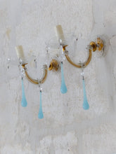 Load image into Gallery viewer, Vintage Venetian PAIR Wall Light Aqua Blue Opaline Drops Crystal Prims 1960
