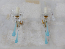 Load image into Gallery viewer, Vintage Venetian PAIR Wall Light Aqua Blue Opaline Drops Crystal Prims 1960

