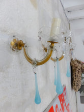 Load image into Gallery viewer, Vintage Venetian PAIR Wall Light Aqua Blue Opaline Drops Crystal Prims 1960
