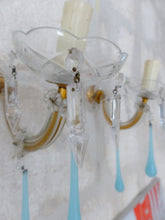 Load image into Gallery viewer, Vintage Venetian PAIR Wall Light Aqua Blue Opaline Drops Crystal Prims 1960
