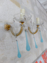 Load image into Gallery viewer, Vintage Venetian PAIR Wall Light Aqua Blue Opaline Drops Crystal Prims 1960
