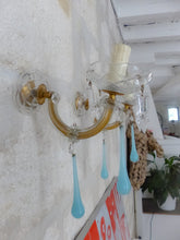 Load image into Gallery viewer, Vintage Venetian PAIR Wall Light Aqua Blue Opaline Drops Crystal Prims 1960
