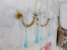 Load image into Gallery viewer, Vintage Venetian PAIR Wall Light Aqua Blue Opaline Drops Crystal Prims 1960

