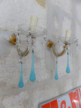 Load image into Gallery viewer, Vintage Venetian PAIR Wall Light Aqua Blue Opaline Drops Crystal Prims 1960
