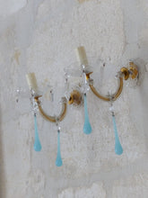 Load image into Gallery viewer, Vintage Venetian PAIR Wall Light Aqua Blue Opaline Drops Crystal Prims 1960
