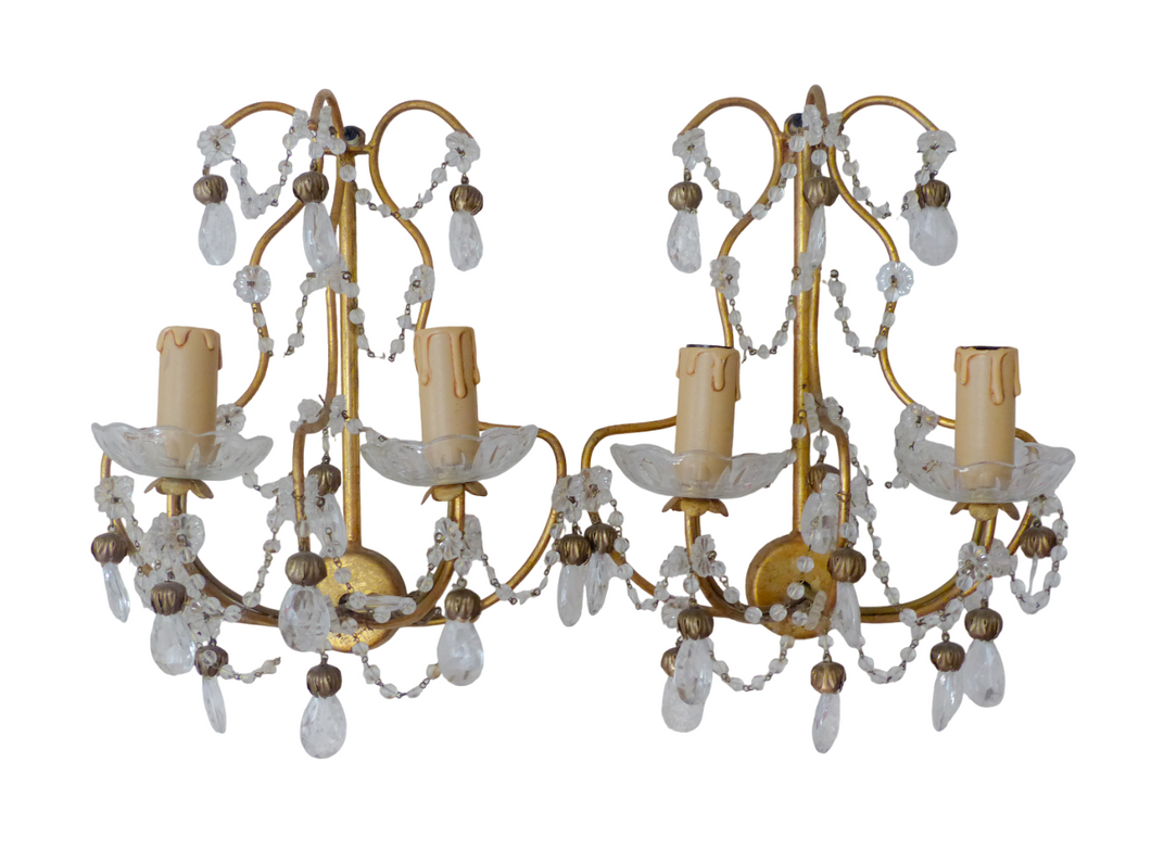Vintage Pair cage Wall Light Clear Crystal Drop Cup Beads 1970's RARE Sconce