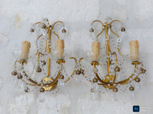 Load image into Gallery viewer, Vintage Pair cage Wall Light Clear Crystal Drop Cup Beads 1970&#39;s RARE Sconce
